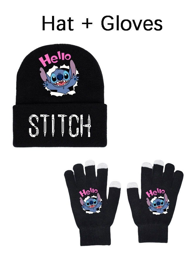 2-piece Stitch Pattern Children's Winter Gloves and Children's Knit Hat Warm Combo Black One-size-fits-all - Image 1